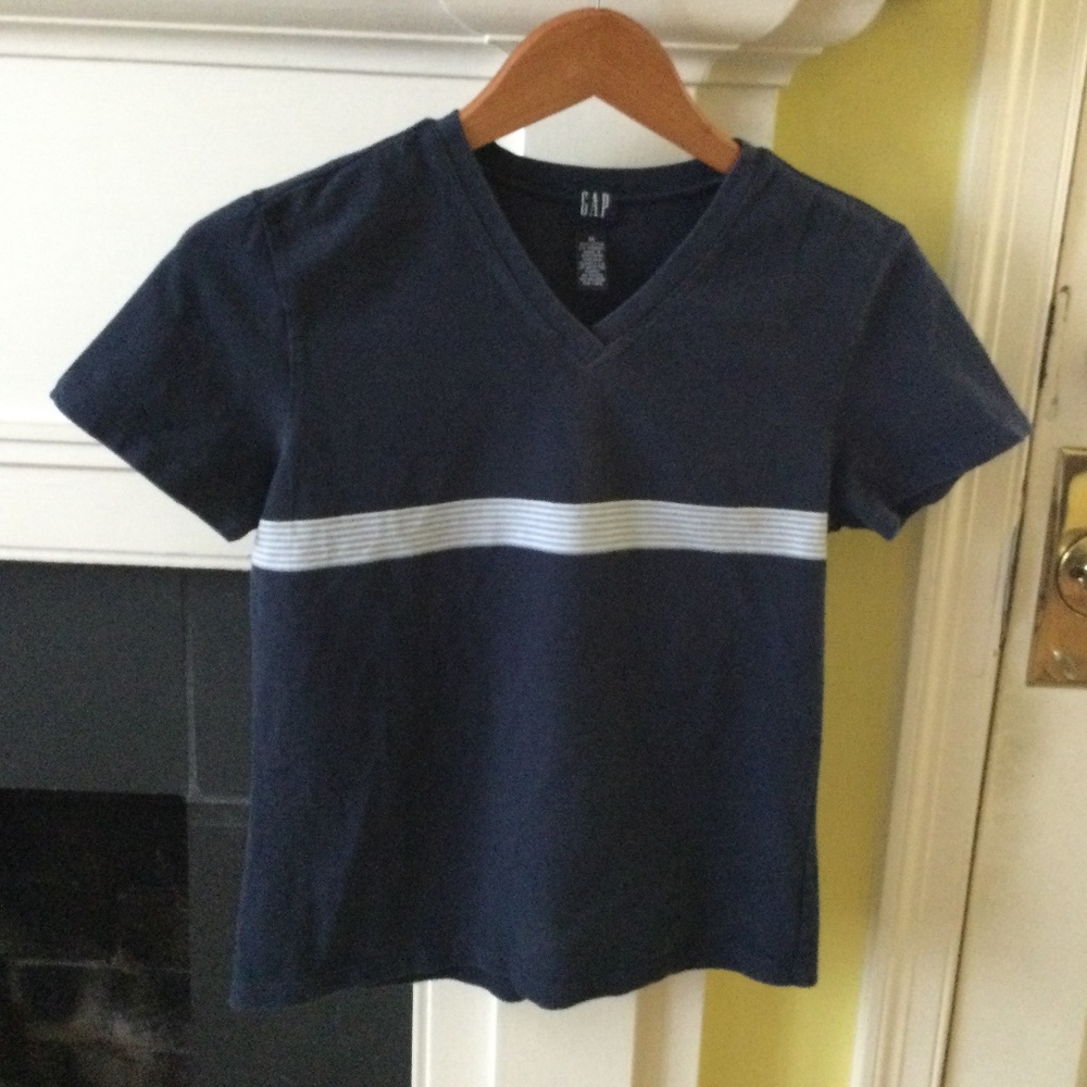 Vintage 90s GAP Striped V-Neck Tee Navy Blue Short Sleeves - Sz Medium - Picture 4 of 7